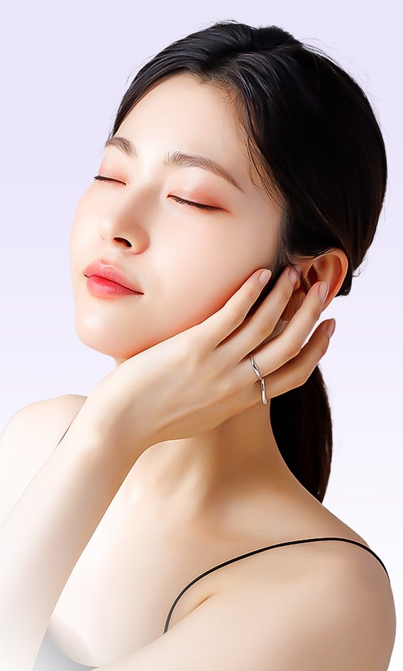 연보라 바탕, 눈을 감고 뺨에 손을 댄 여성 모델(메인 비주얼)